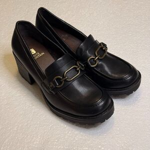 White Mountain Chunky Heel Loafers Chain Black Women Size 6.5 Retro Faux Leather